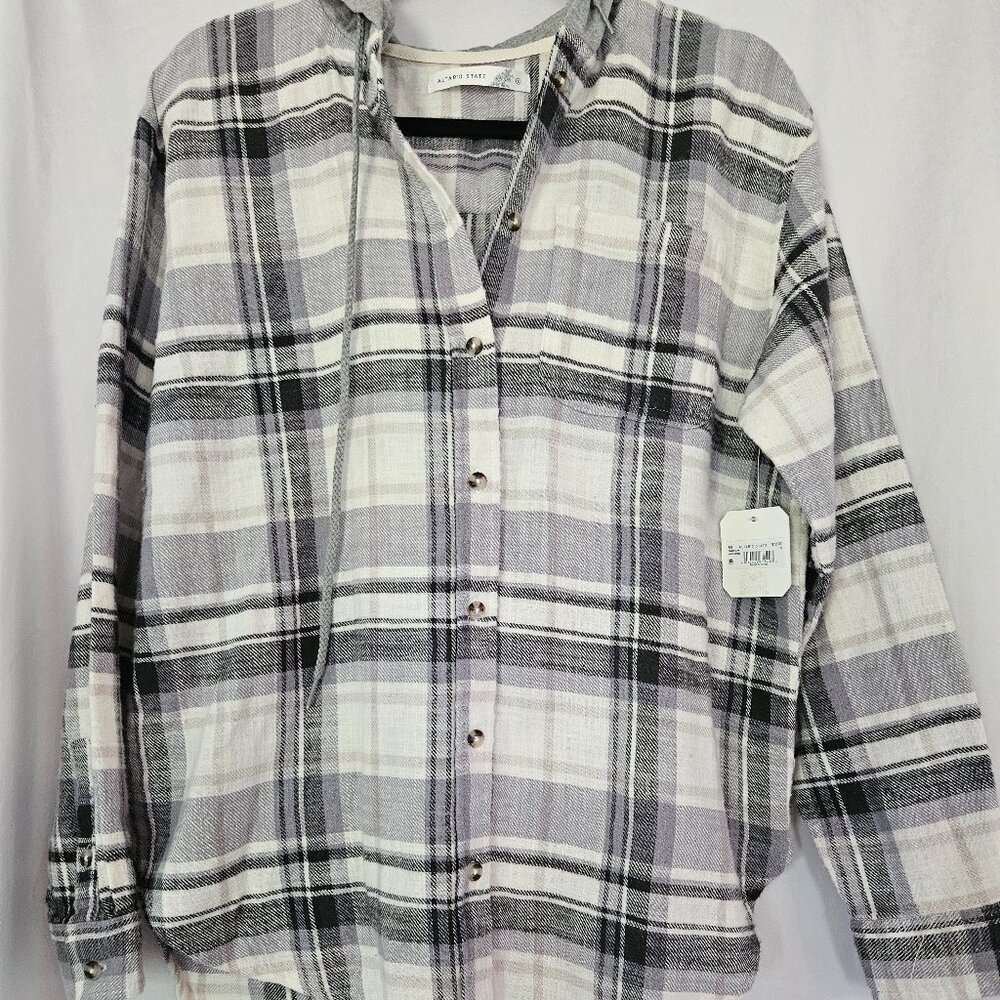 Altar'd State  Womens Hooded Plaid Button-Up Shirt Size S White/Gray 100% Cotton